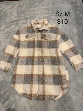 Plaid Sherpa Shacket Jacket - Cream, Gray & Brown - Kids